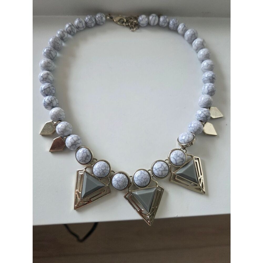 White Marbled Bead Statement Necklace with Geo Accents